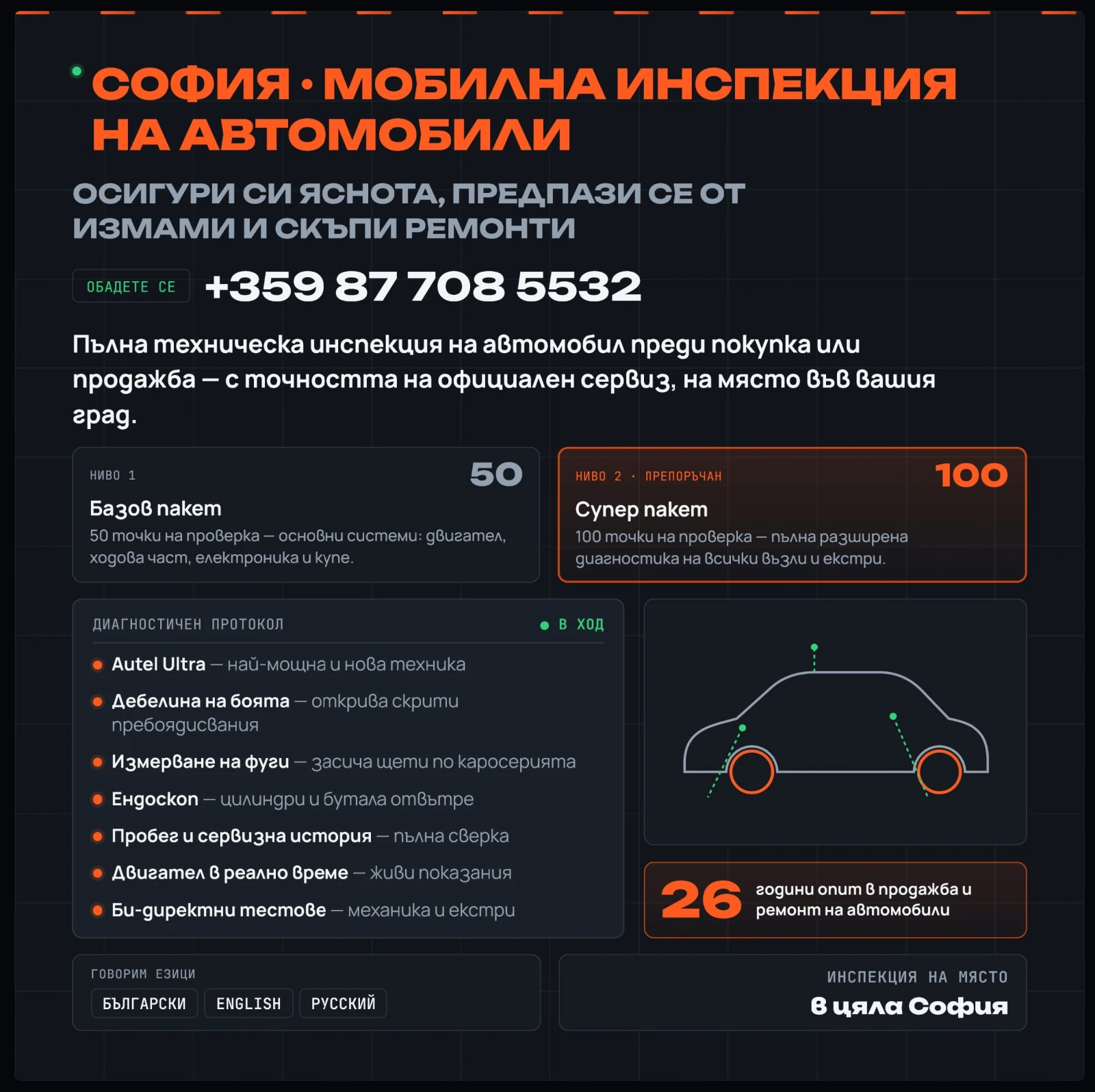 МОБИЛНА ИНСПЕКЦИЯ НА ЛЕКИ И ЛЕКОТОВАРНИ АВТОМОБИЛИ ДИЛЪРСКО НИВО СОФИЯ 