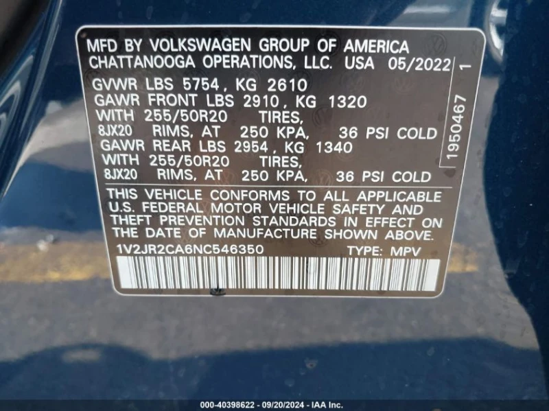 VW Atlas 3.6L V-6 DI, DOHC, VVT, 276HP Front Wheel Drive, снимка 13 - Автомобили и джипове - 48111641